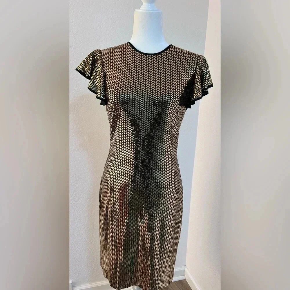 Naeem Khan Flutter Cap Sleeve Open Back Gold Sequ… - image 3